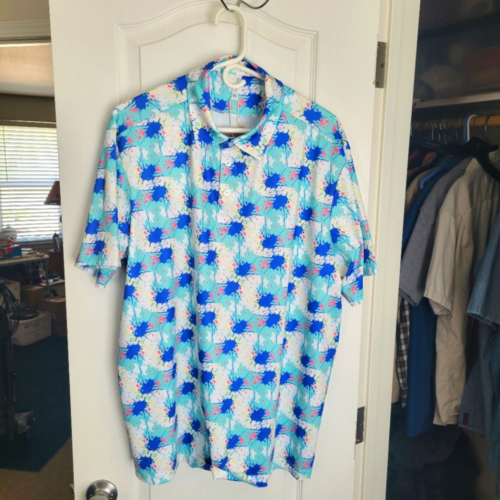 Blue and White Men's Shirt XL NWT Polo Style Paint Splatter Pattern. Colorfull